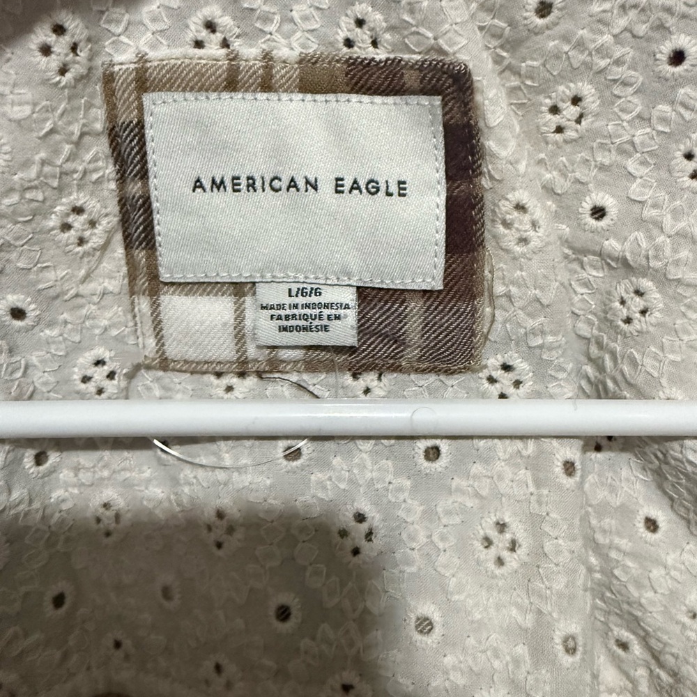 American Eagle Eyelet Top with Brown Plaid Trim - Cream & Brown - Picture 3 of 5